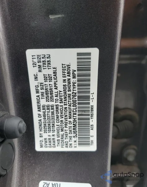 2012 Honda Cr-V Exl from USA, damaged, VIN 5J6RM3H7XCL000762